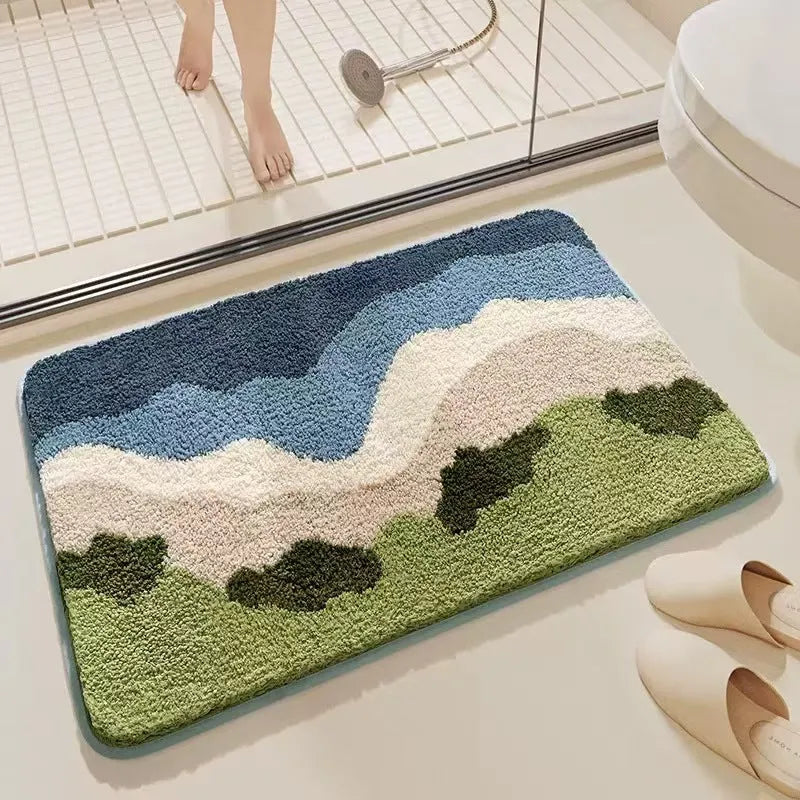 Cashmere carpet floor mat with plastic bottom in sky sea rainbow print, available in 40x60cm or 50x80cm square sizes
