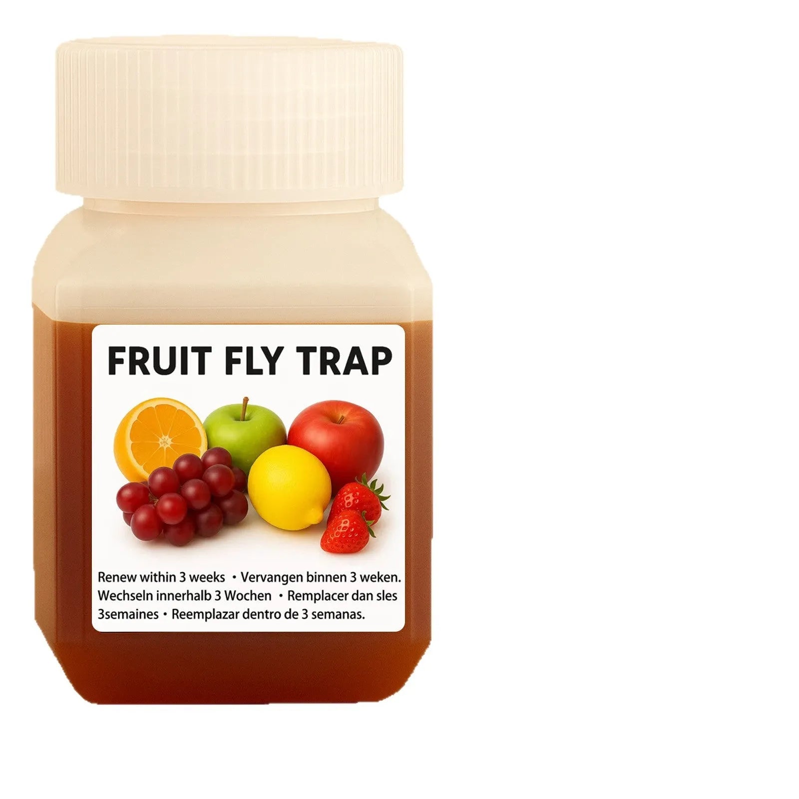 Fruit fly bait liquid bottle with optional funnel for kitchen fly traps