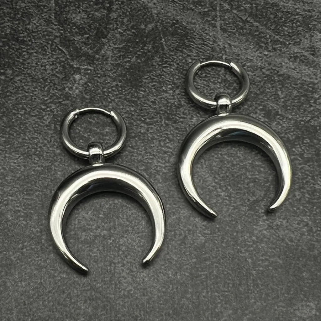 Silver gothic moon hoop ear clips with geometric design and 18K plating