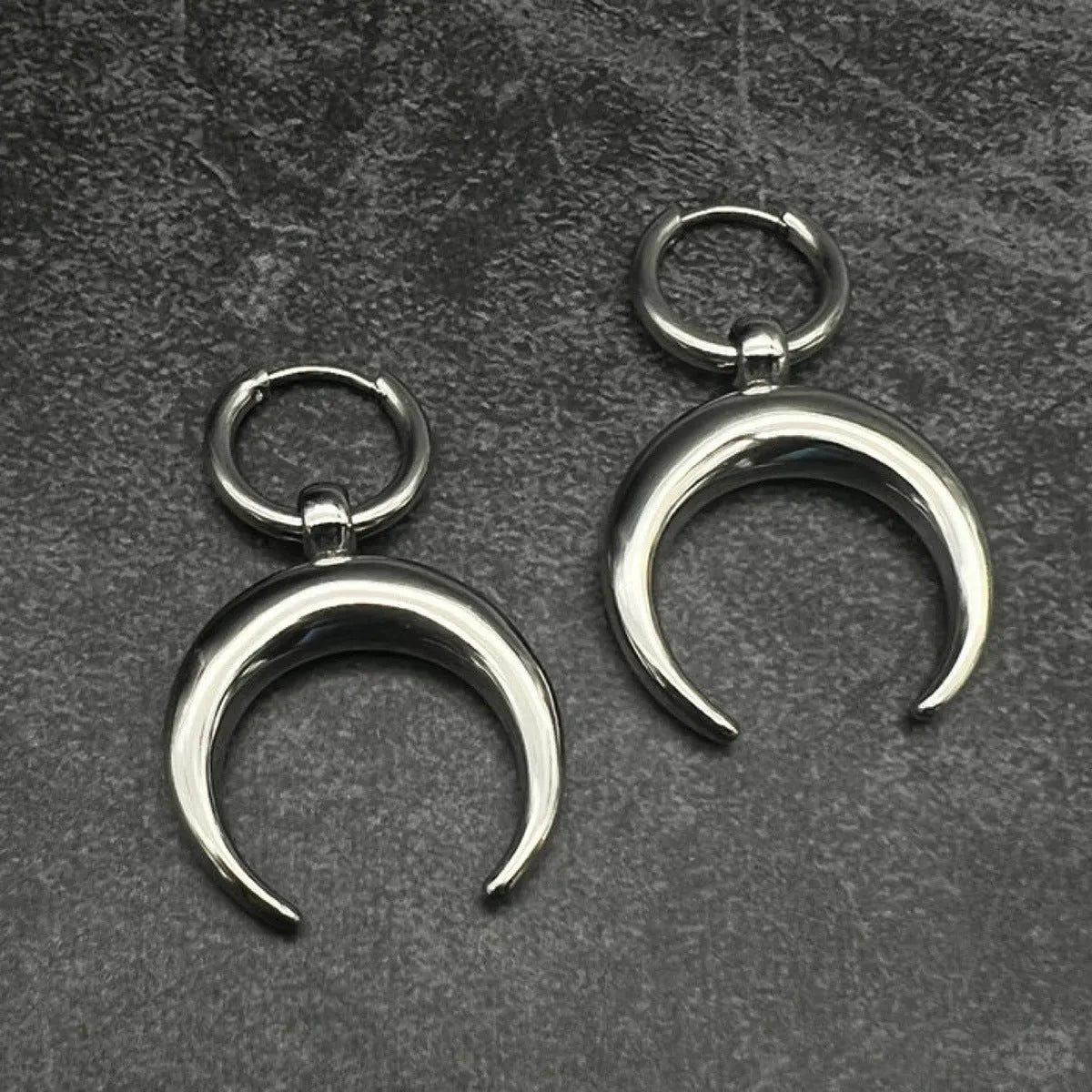 Silver gothic moon hoop ear clips with geometric design and 18K plating