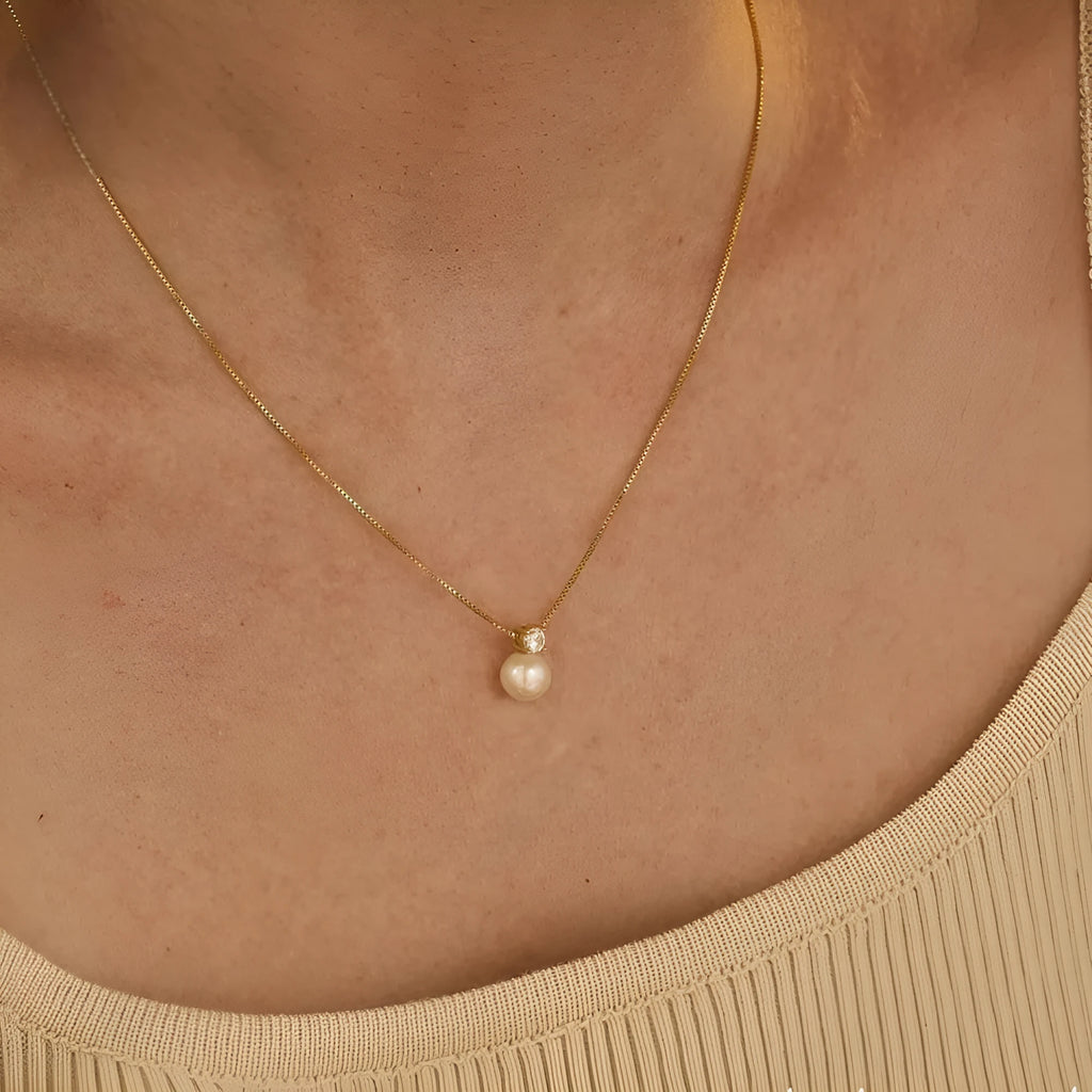 St Delan women's necklace with stainless steel box chain and imitation pearl zircon pendant in gold or steel colour