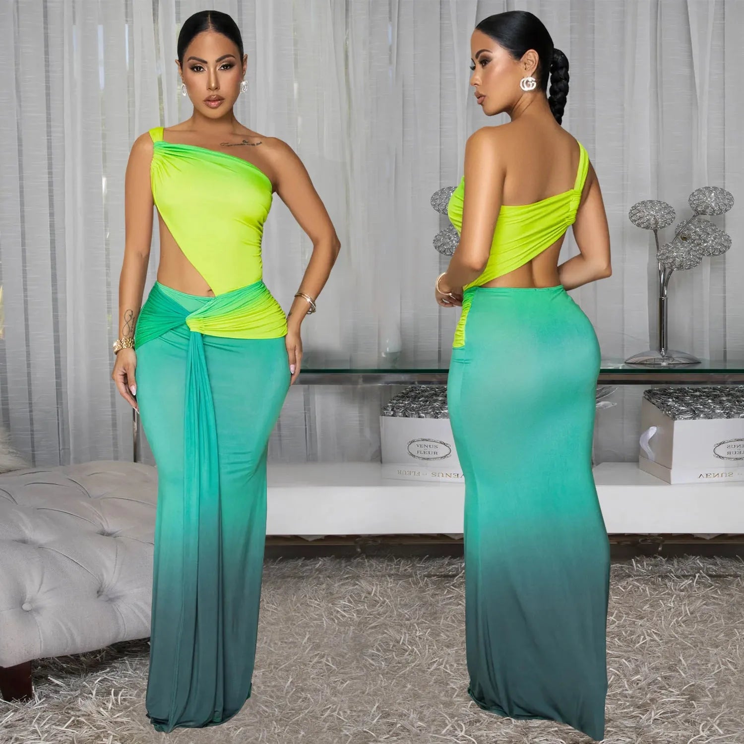 Women's gradient colour oblique shoulder summer dress with high waist and long skirt