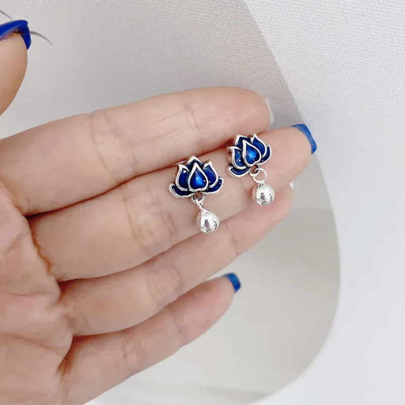 Blue lotus earrings with seedpod tassel design, silver alloy floral ear studs