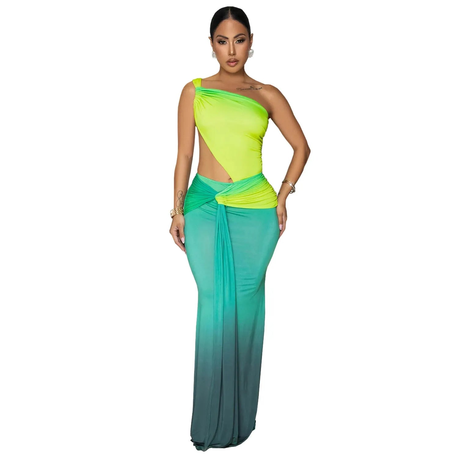 Women's gradient colour oblique shoulder summer dress with high waist and long skirt