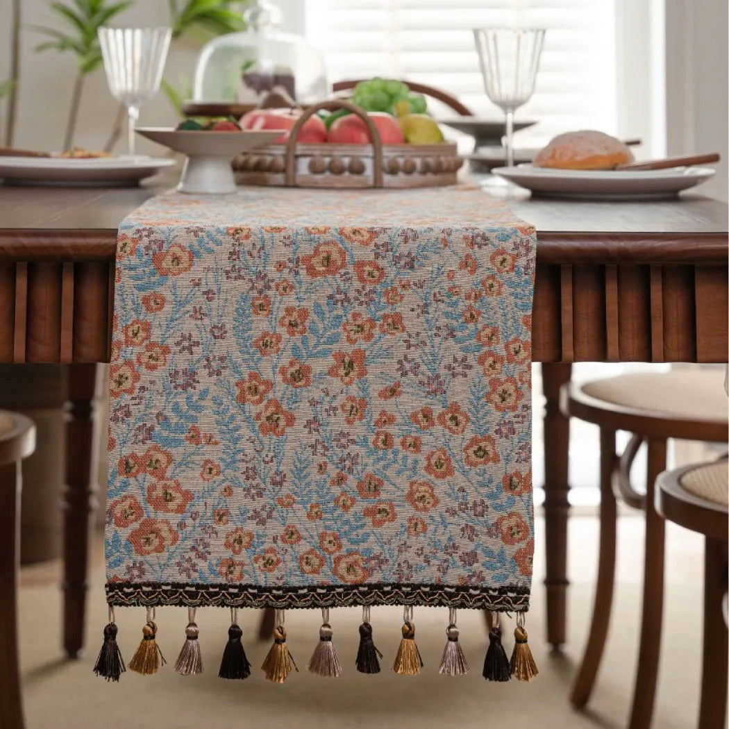 American-style long tassel table runner with jacquard floral pattern on table decoration