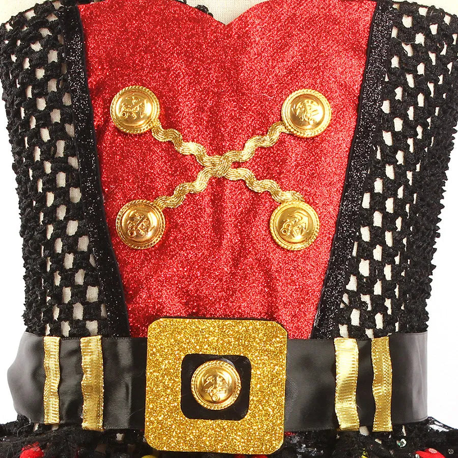 Girls' sleeveless pirate costume dress with black sequins, gauze mesh, and lace trim for Halloween.