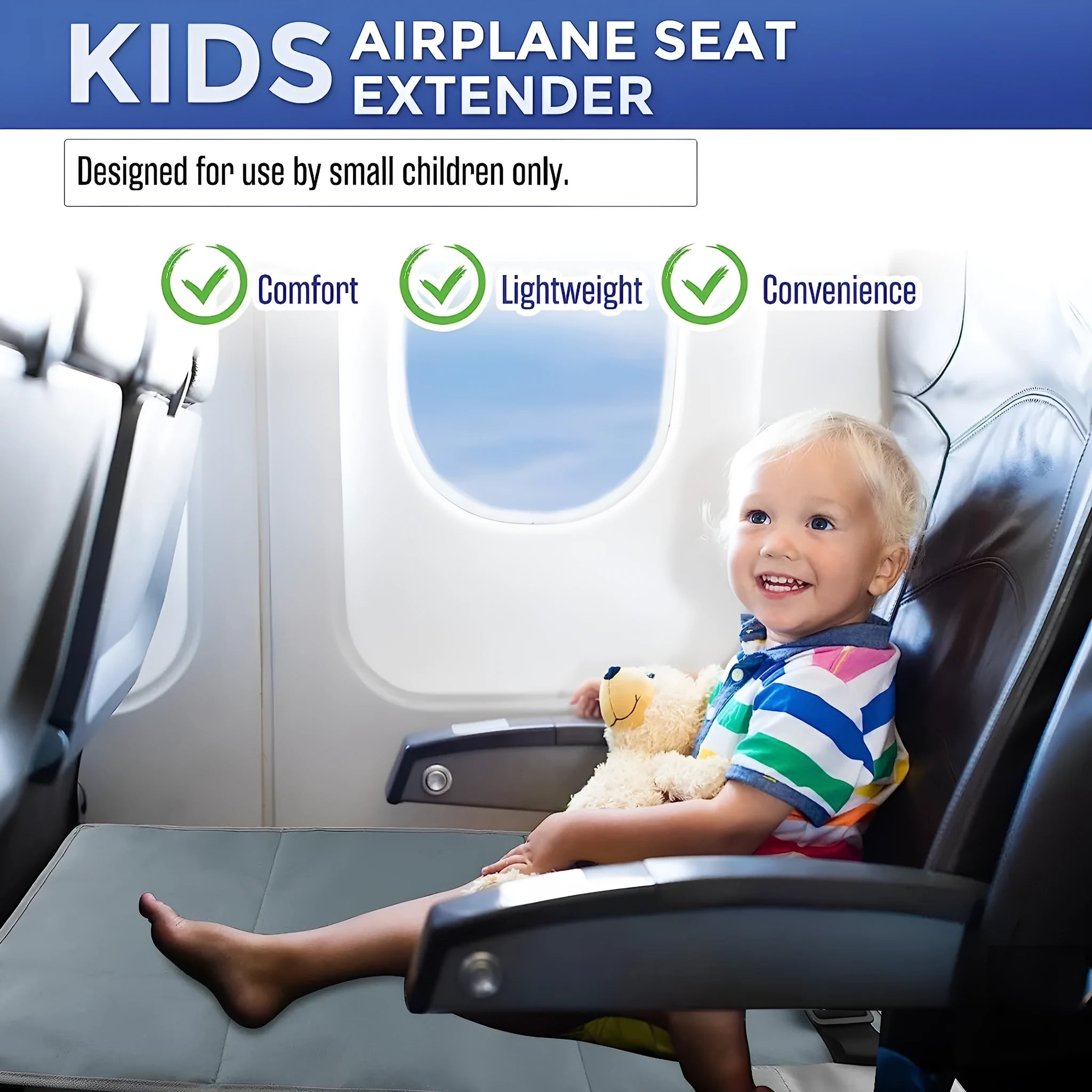 Blue portable children's aircraft pedal seat extender with extension device on cabin floor