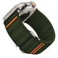 Elastic nylon Apple Watch replacement band with stainless steel buckle in multiple colour options.