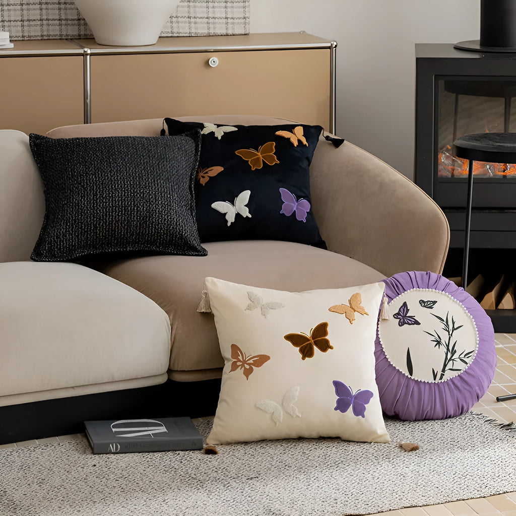 Square beige cushion with black butterfly embroidery in Chinese style, 45x45cm