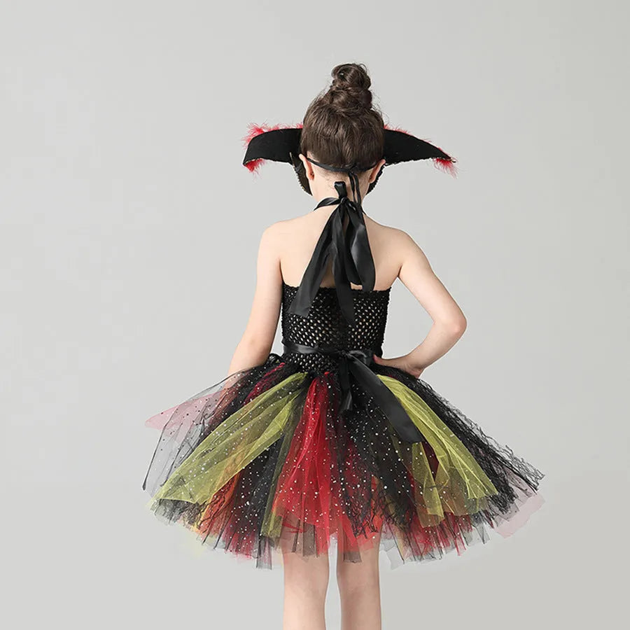 Girls' sleeveless pirate costume dress with black sequins, gauze mesh, and lace trim for Halloween.