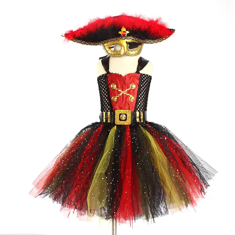 Girls' sleeveless pirate costume dress with black sequins, gauze mesh, and lace trim for Halloween.