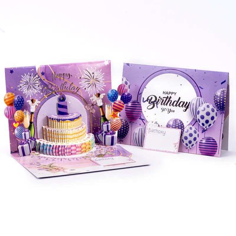 Chinese ink style 3D greeting card showing manually folded cake design with light music blowing theme
