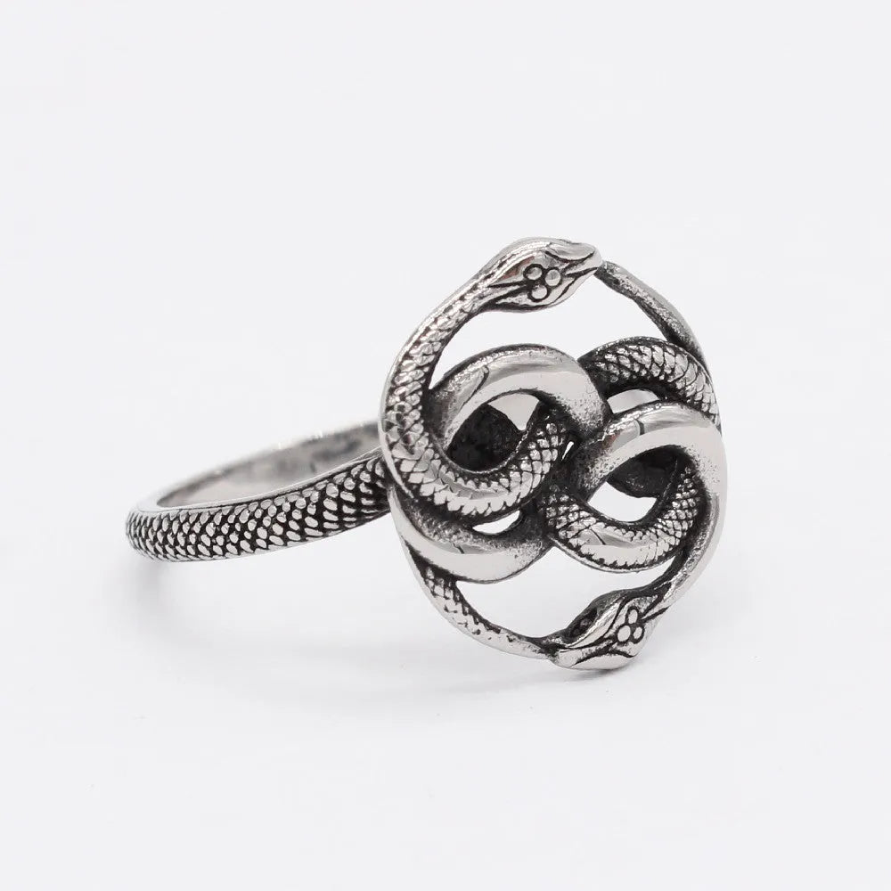 A titanium steel double snake ring in a steel colour retro style, shown on a finger.