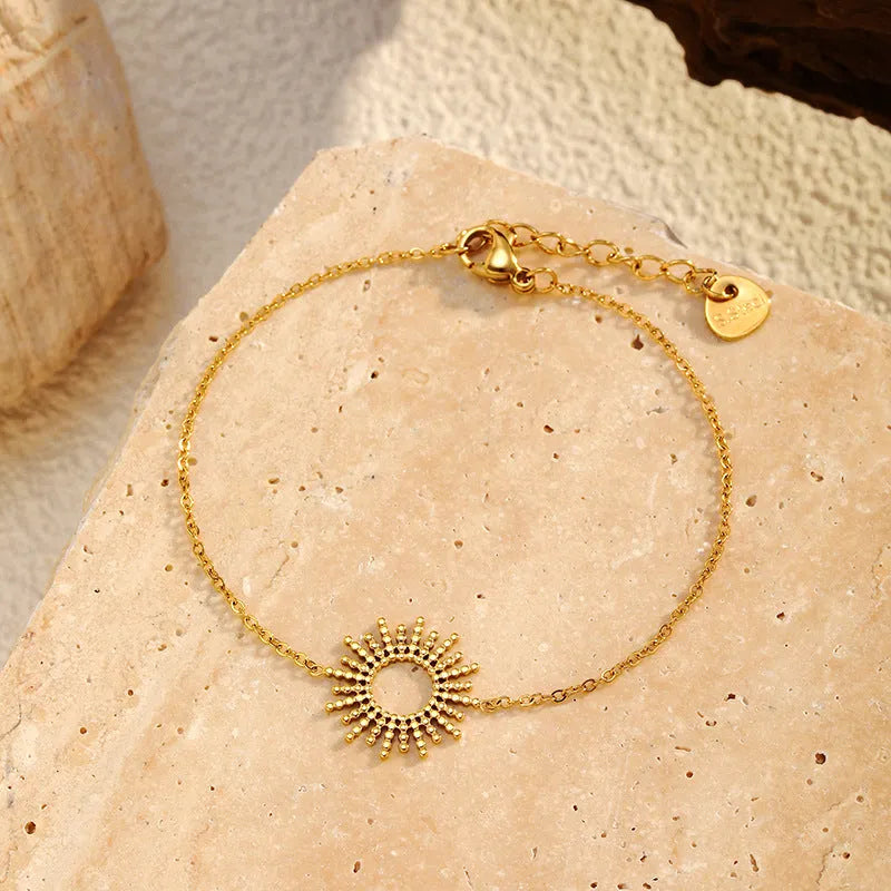 14K stainless steel geometric chain necklace and bracelet set with sunflower motifs