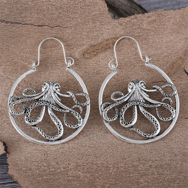Vintage octopus earrings antique silver colour retro animal modelling zinc alloy electroplated