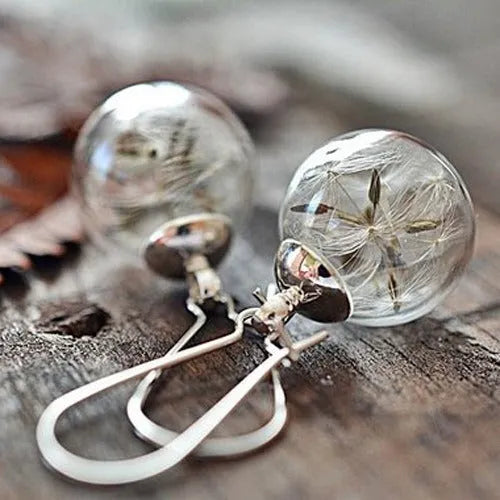 16mm transparent glass ball earrings with dandelion seed design on silver French hook