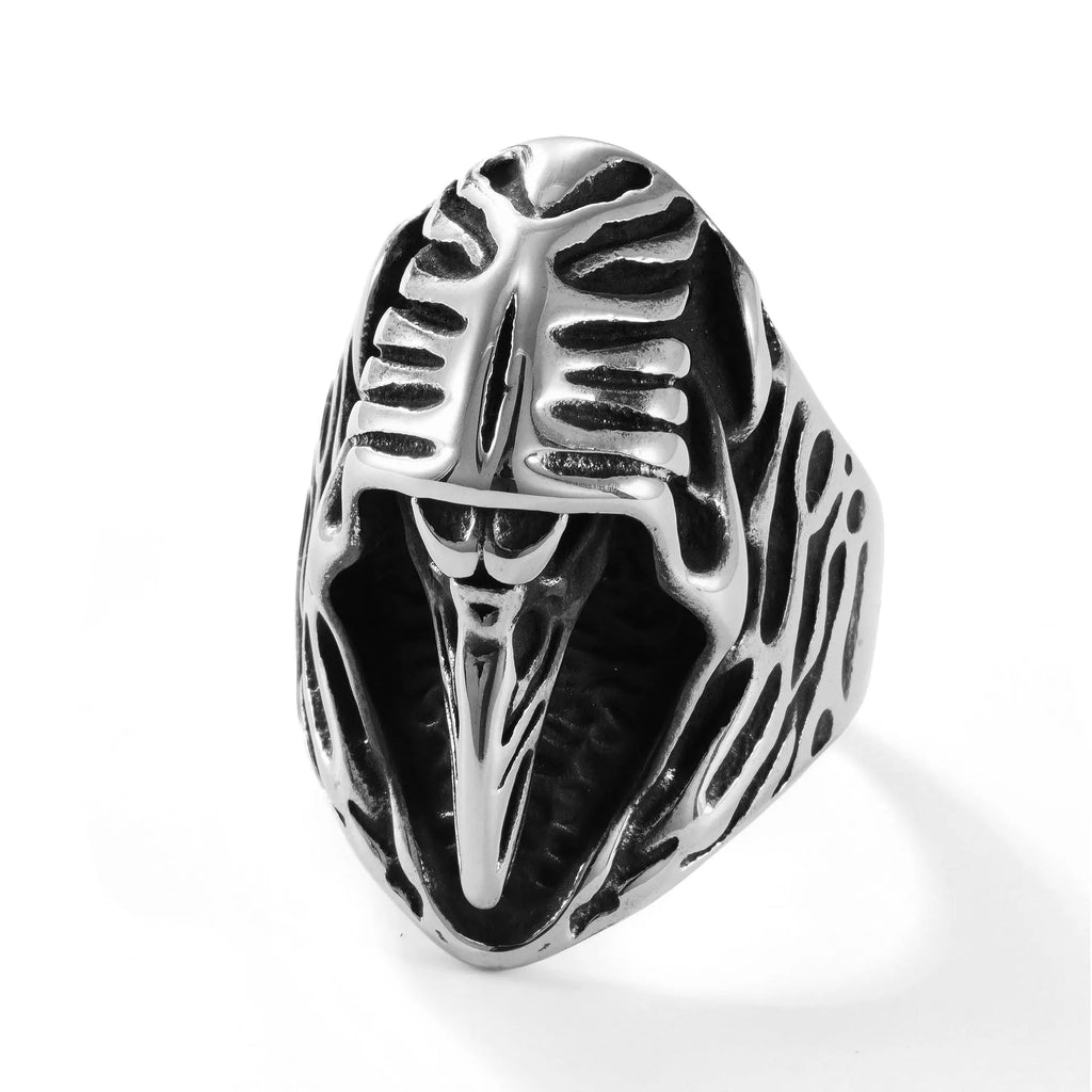 Black geometric crow ring in titanium steel with five sizing options