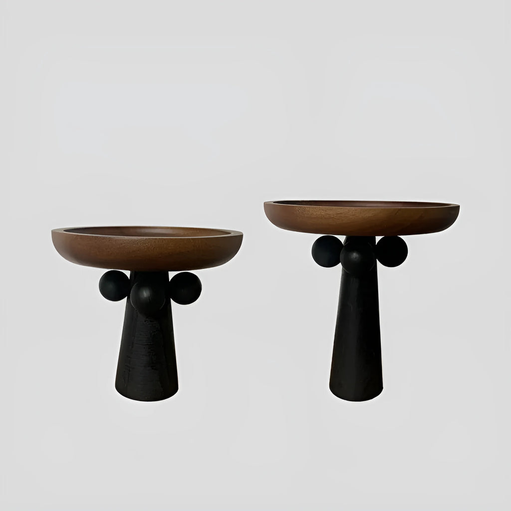 Nordic high-legged wooden round tray displaying candles and perfume bottles