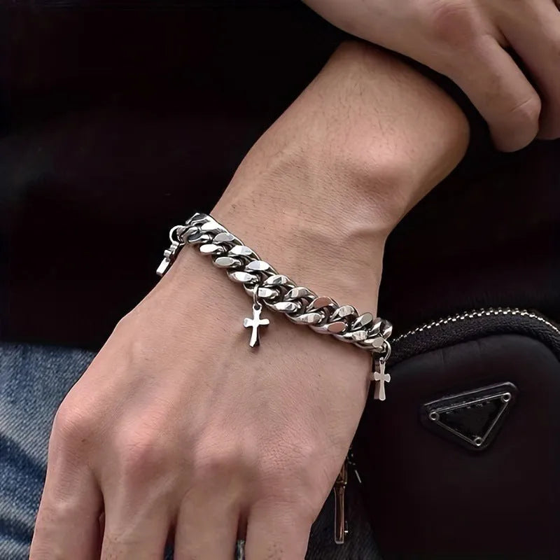 Men's titanium steel bracelet with geometric design and cross motif in cold wind style