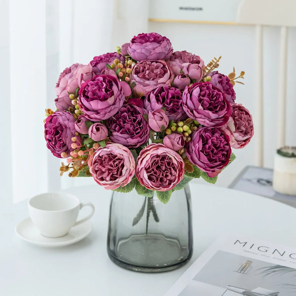 Artificial silk peony bouquet in champagne colour for home or wedding table decoration.
