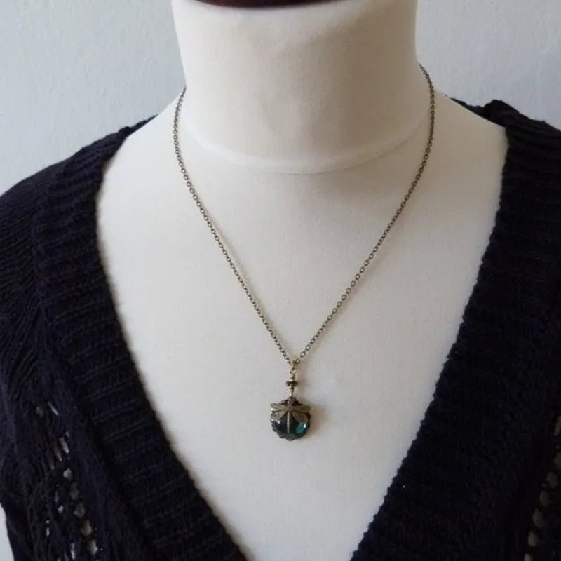 Vintage bronze hand carved dragonfly pendant necklace with 925 silver components in yellow colour