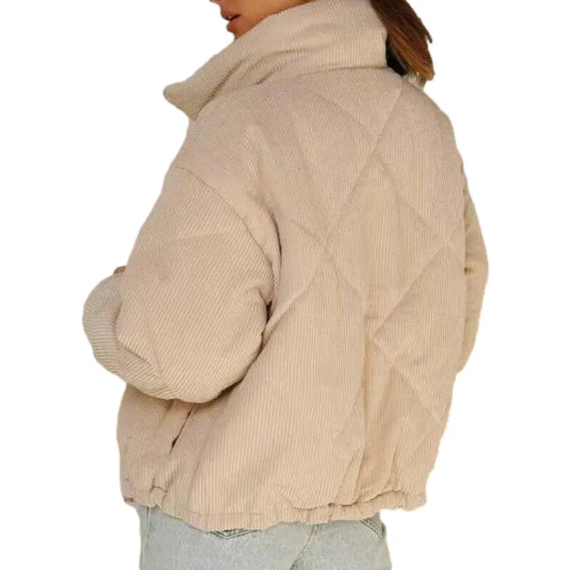 Apricot women's corduroy jacket with stand collar and front zipper