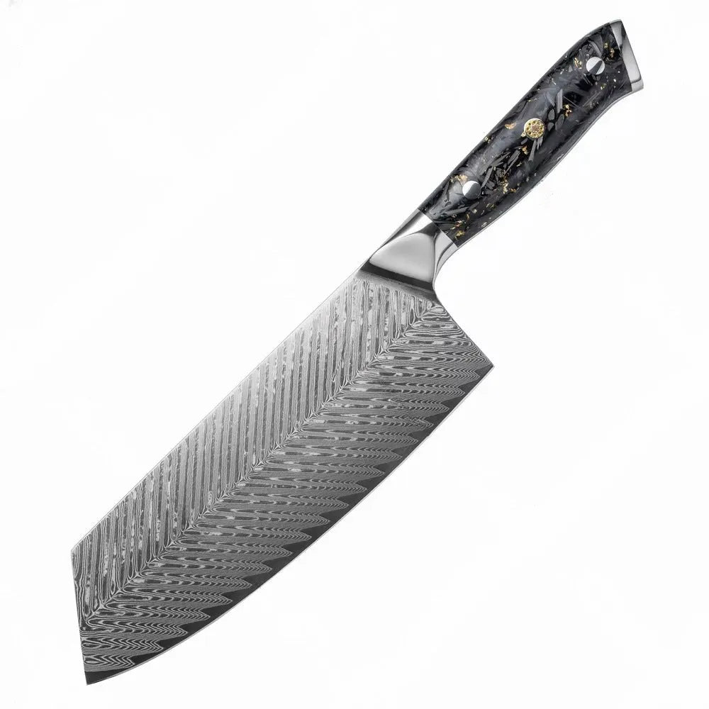 8-piece Damascus steel kitchen knife set with fishbone pattern, showing knives from 3.5-inch fruit knife to 8-inch chef knife.