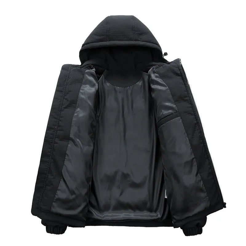 Men's black hooded padded winter coat in a Korean-style cardigan design with side pockets.