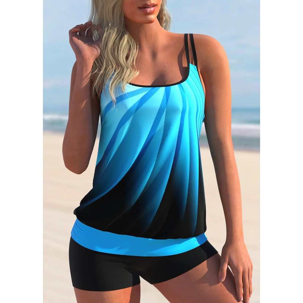 Plus size women's swimsuit set with strap top and matching shorts in Butterfly print pattern