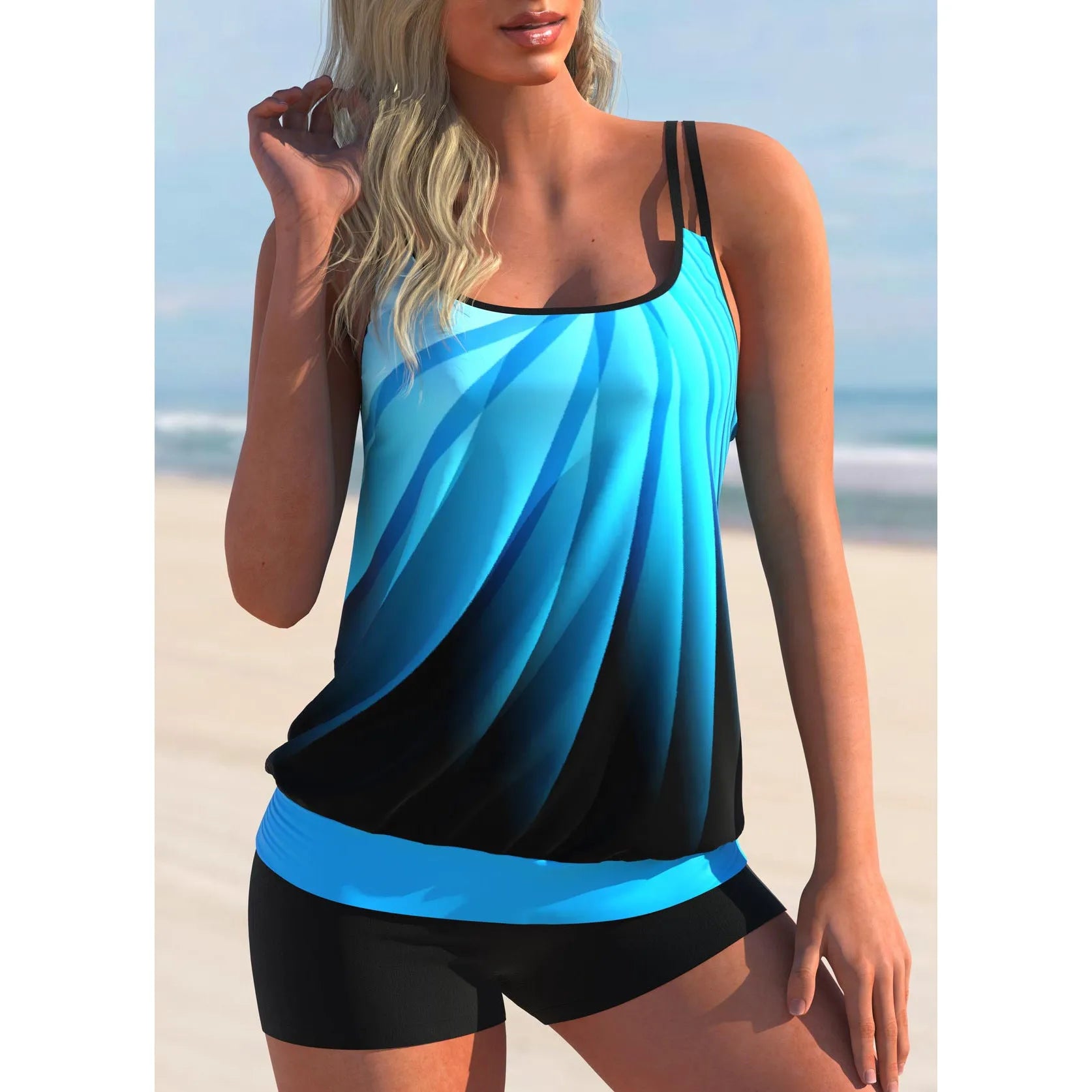 Plus size women's swimsuit set with strap top and matching shorts in Butterfly print pattern
