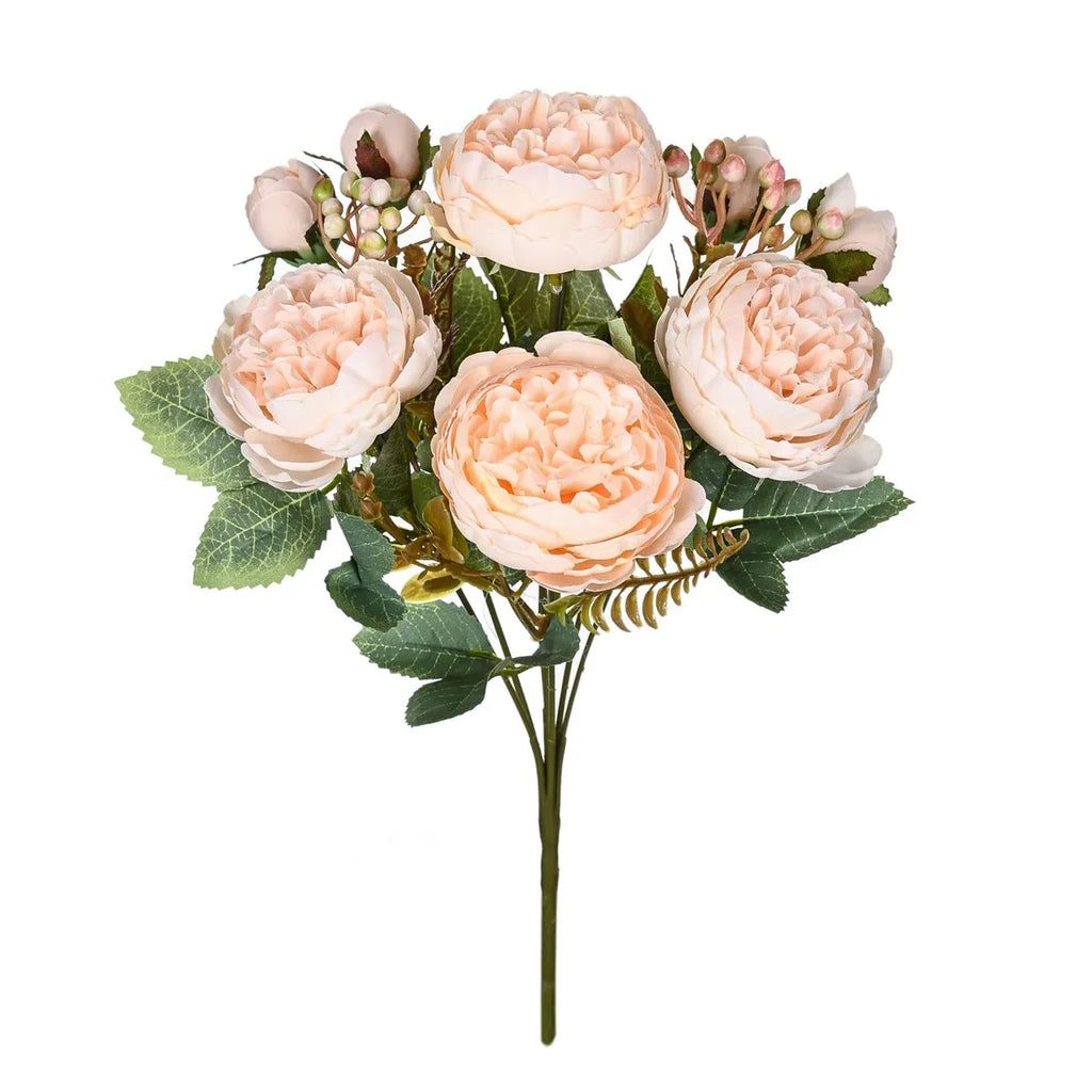 Artificial silk peony bouquet in champagne colour for home or wedding table decoration.