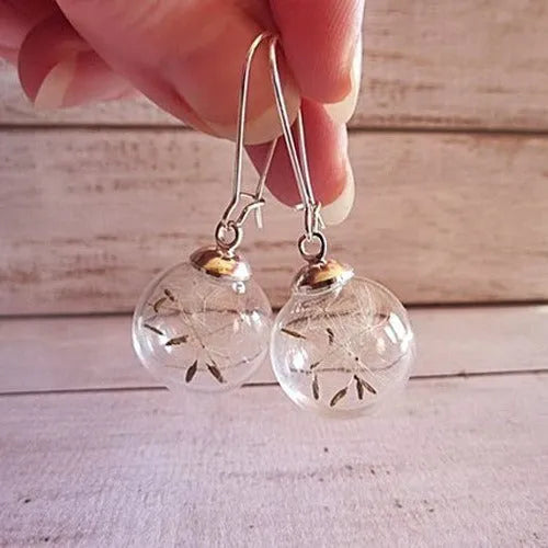 16mm transparent glass ball earrings with dandelion seed design on silver French hook