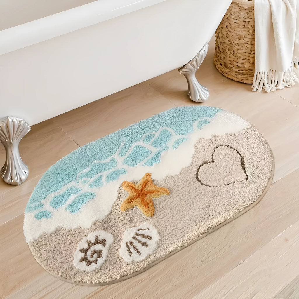 Cashmere carpet floor mat with plastic bottom in sky sea rainbow print, available in 40x60cm or 50x80cm square sizes