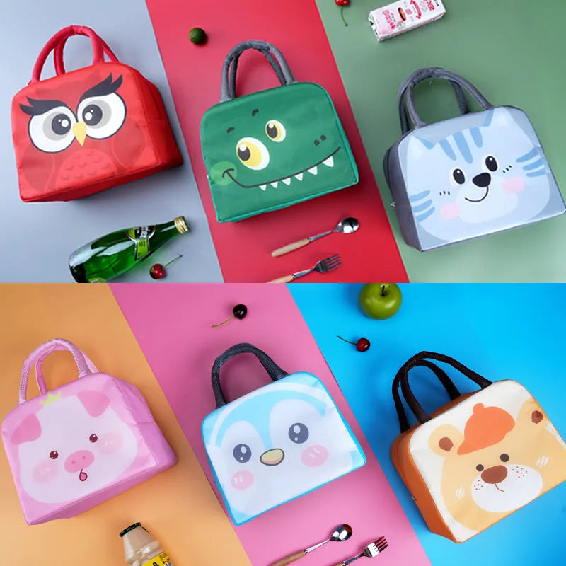 Cartoon insulated lunch box bag showing aluminium foil lining and Oxford cloth exterior