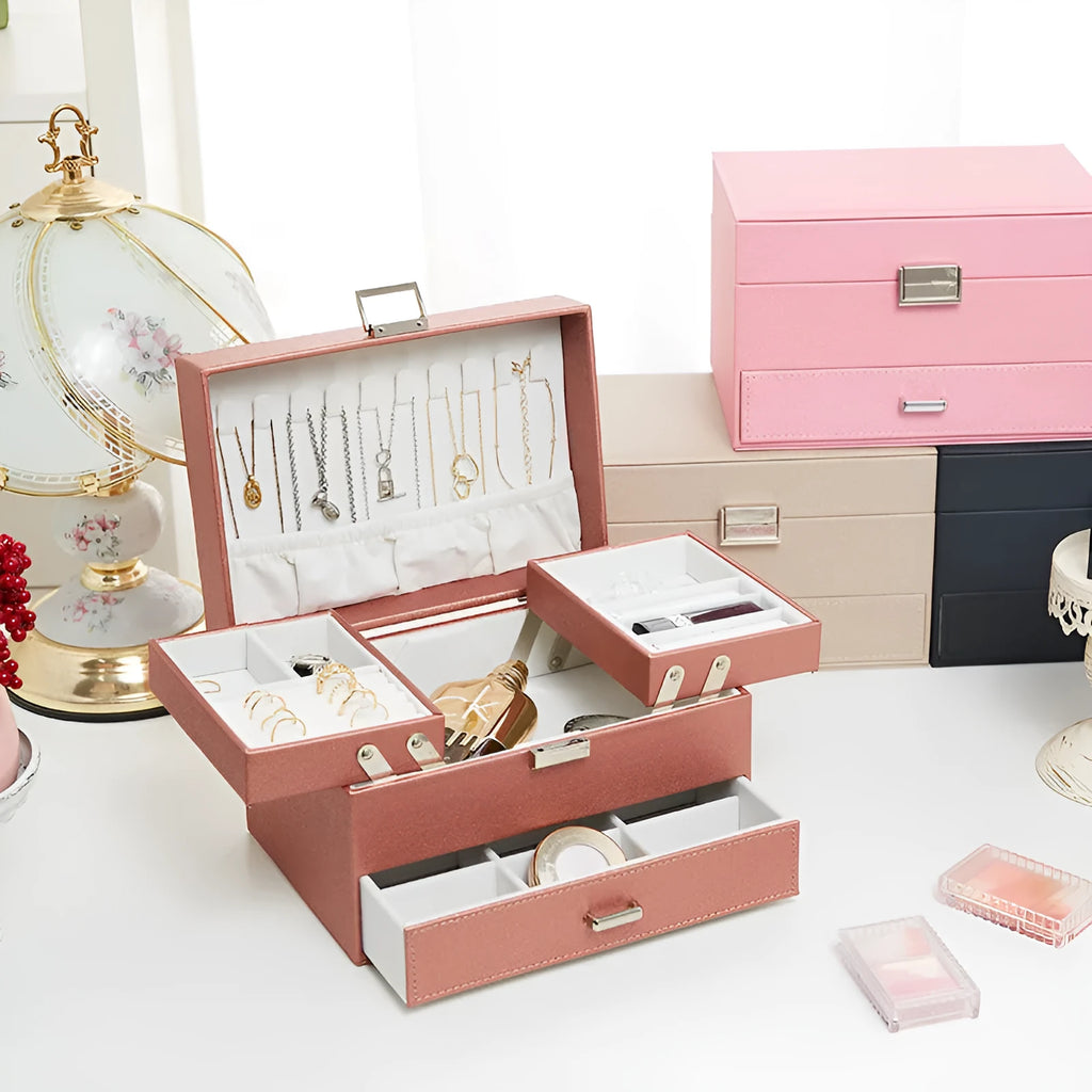Hard case Fashion Personality jewellery storage box in PU leather, shown in beige colour.