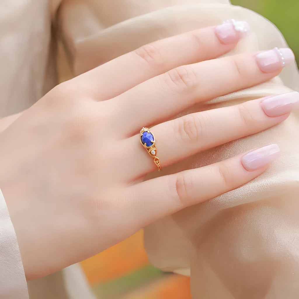 Japanese style geometric silver alloy ring with genuine blue lapis lazuli stone elliptical women's jewellery