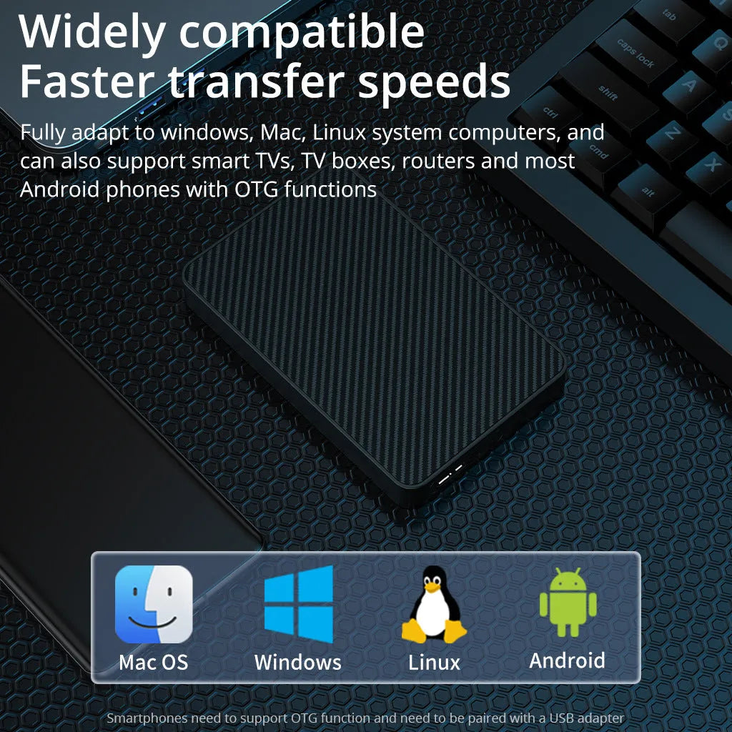 16TB high-speed portable mobile hard disk in black with ABS plastic shell showing dimensions