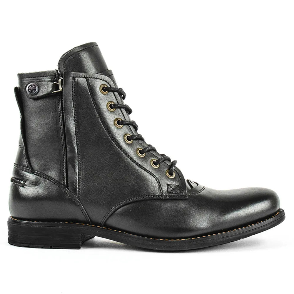 Knight Series black and brown leather boots with side zipper and low heel