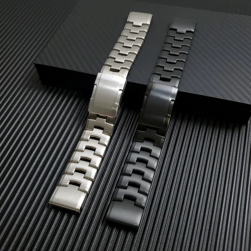 Metallic replacement watch strap for Garmin Fenix and Jiaming watches in silver, black or titanium colour.