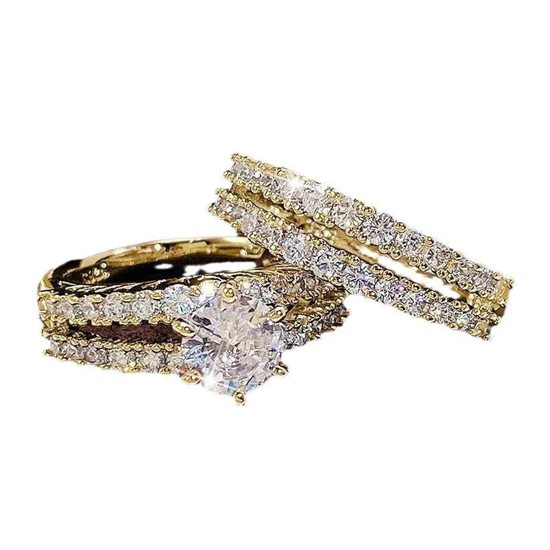 Convertible 2-in-1 alloy female ring set with fully-jewelled geometric design in silver, gold, or rose gold colour