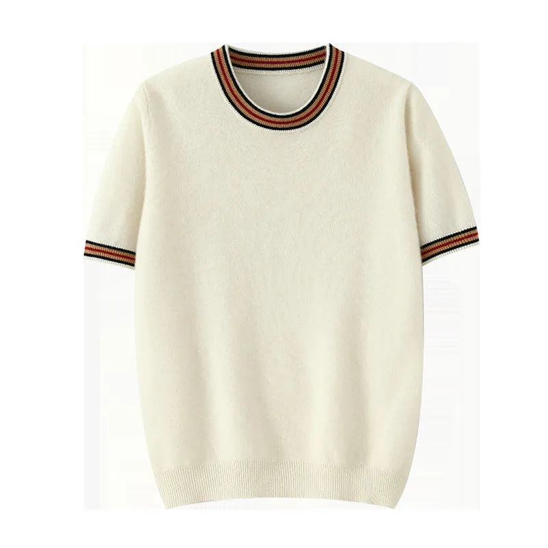 Men's grey pure wool short sleeve sweater with a round neck on a hanger.
