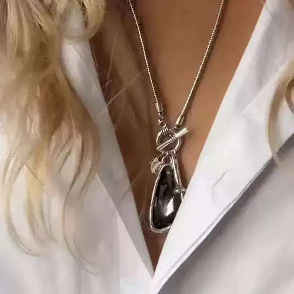 Women's long necklace with geometric pendant on snake bone chain in blue, champagne or grey