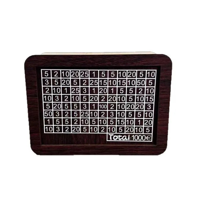Wooden digital coin bank with LCD display showing currency library design