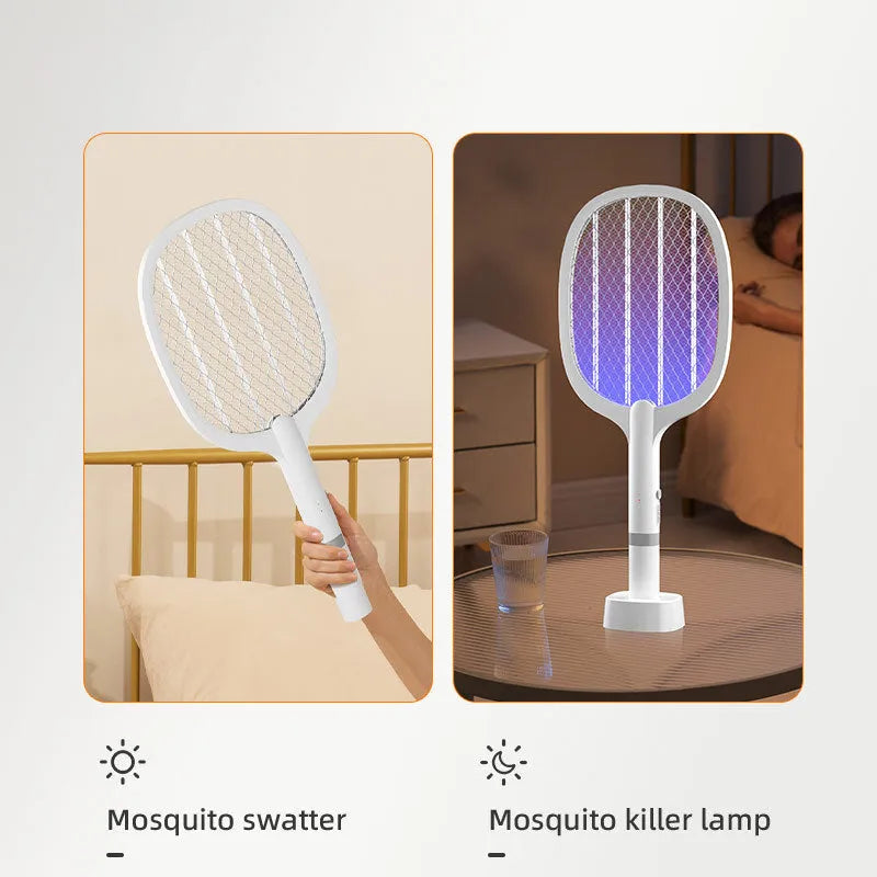 Purple and blue rechargeable electric mosquito swatter with USB charging cable