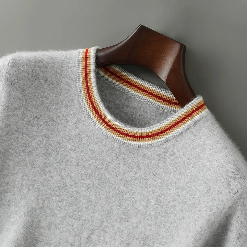 Men's grey pure wool short sleeve sweater with a round neck on a hanger.