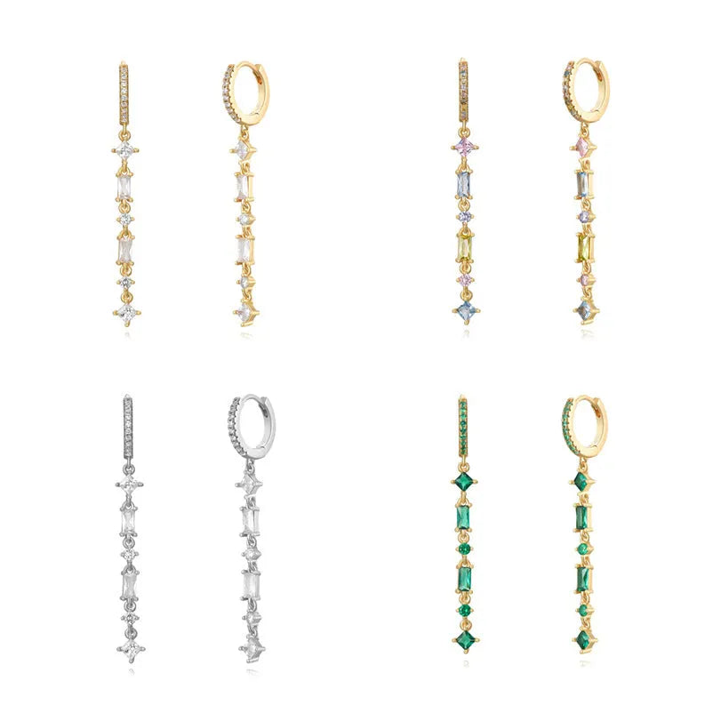 Sterling silver needle micro-inlaid colourful zircon geometric U-shaped tassel ear clips