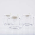Transparent spill-proof plastic drinking cup showing 14cm height and 12cm diameter
