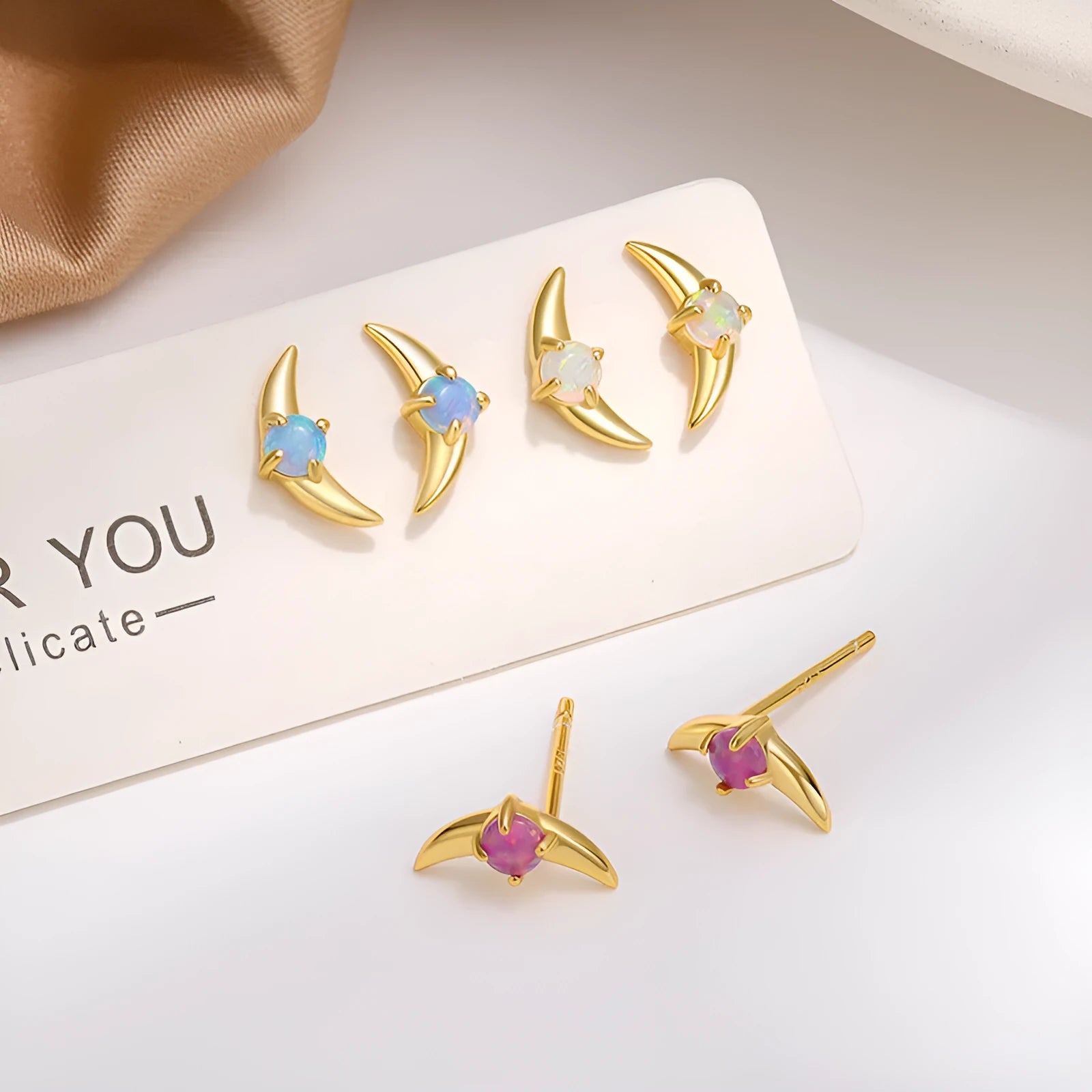 Women's 925 silver geometric earrings with electroplated platinum and gold finishes and stone colour accents