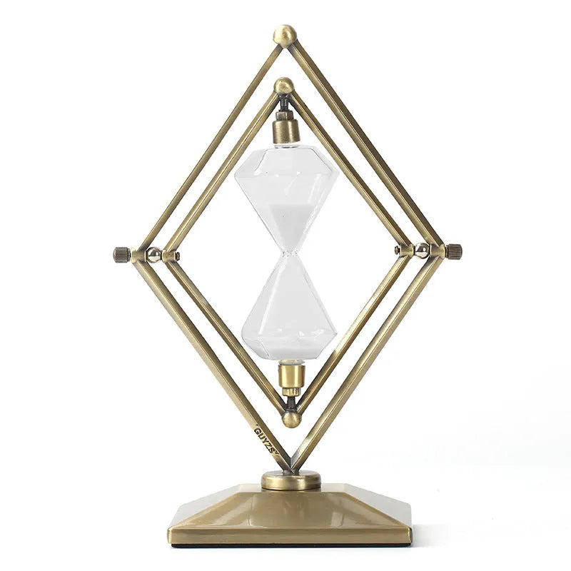 Modern glass sand timer with metal ornament stand in bronze and silver finish options.