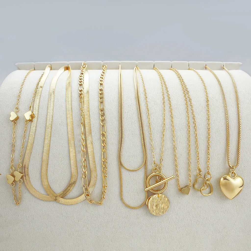 10-piece gold electroplated women's necklace set with snake bones chain and adjustable length